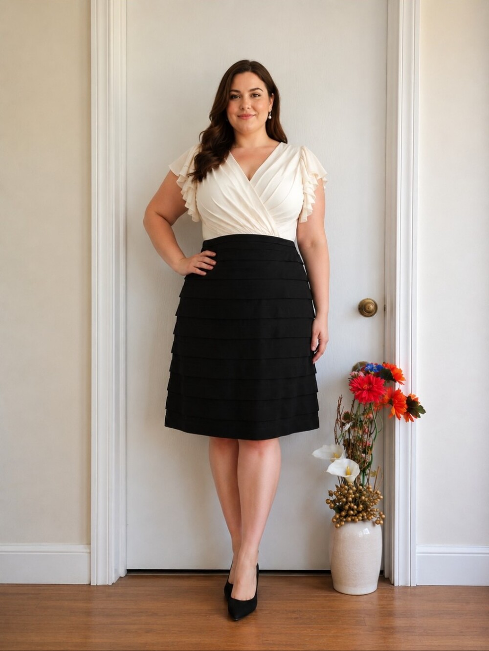 Michel Antoni | Plus Size Black & Off-White Pleated Office Evening Wear Dress